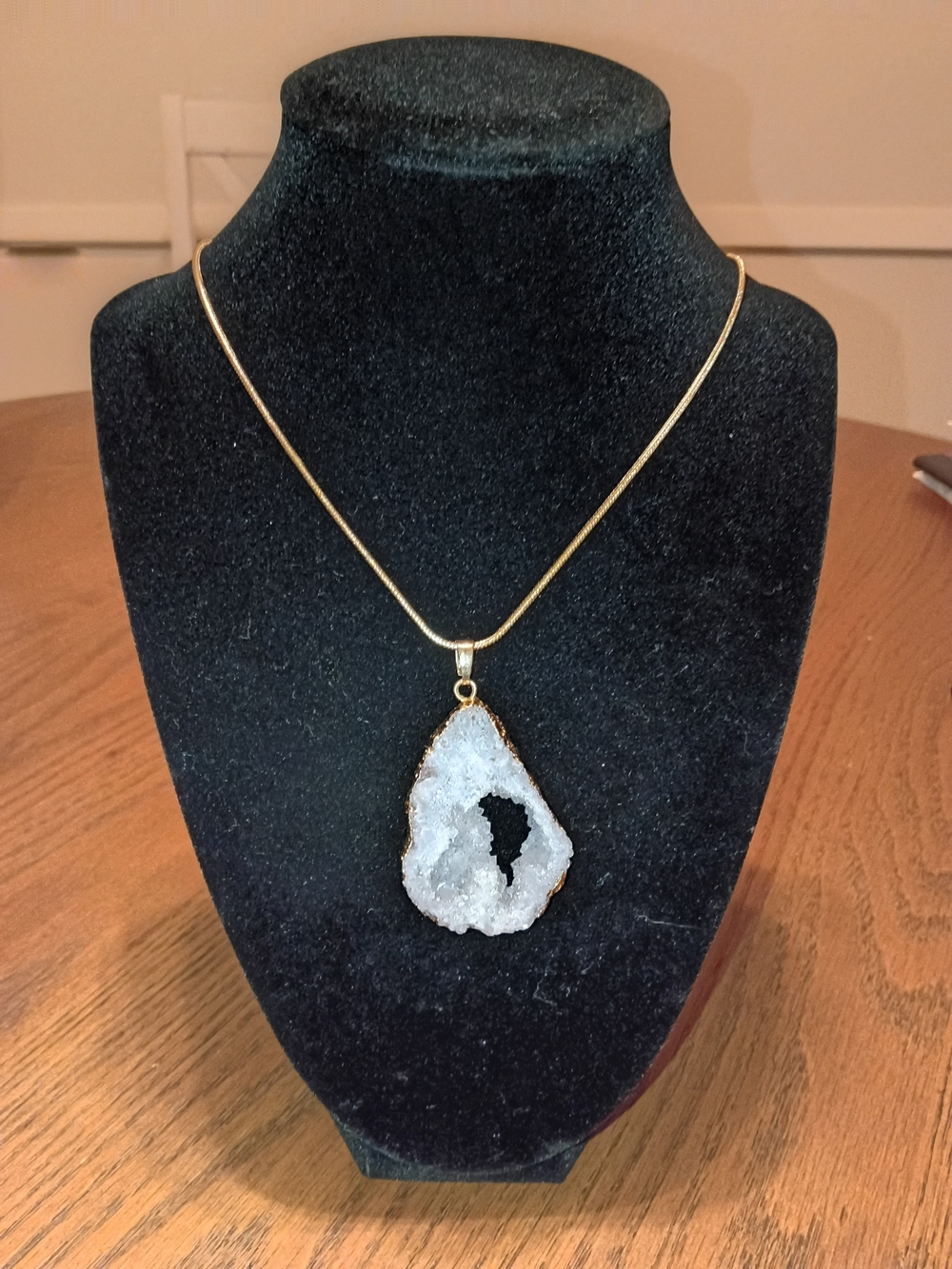 Gold-Edged White Druzy Teardrop Pendant Necklace